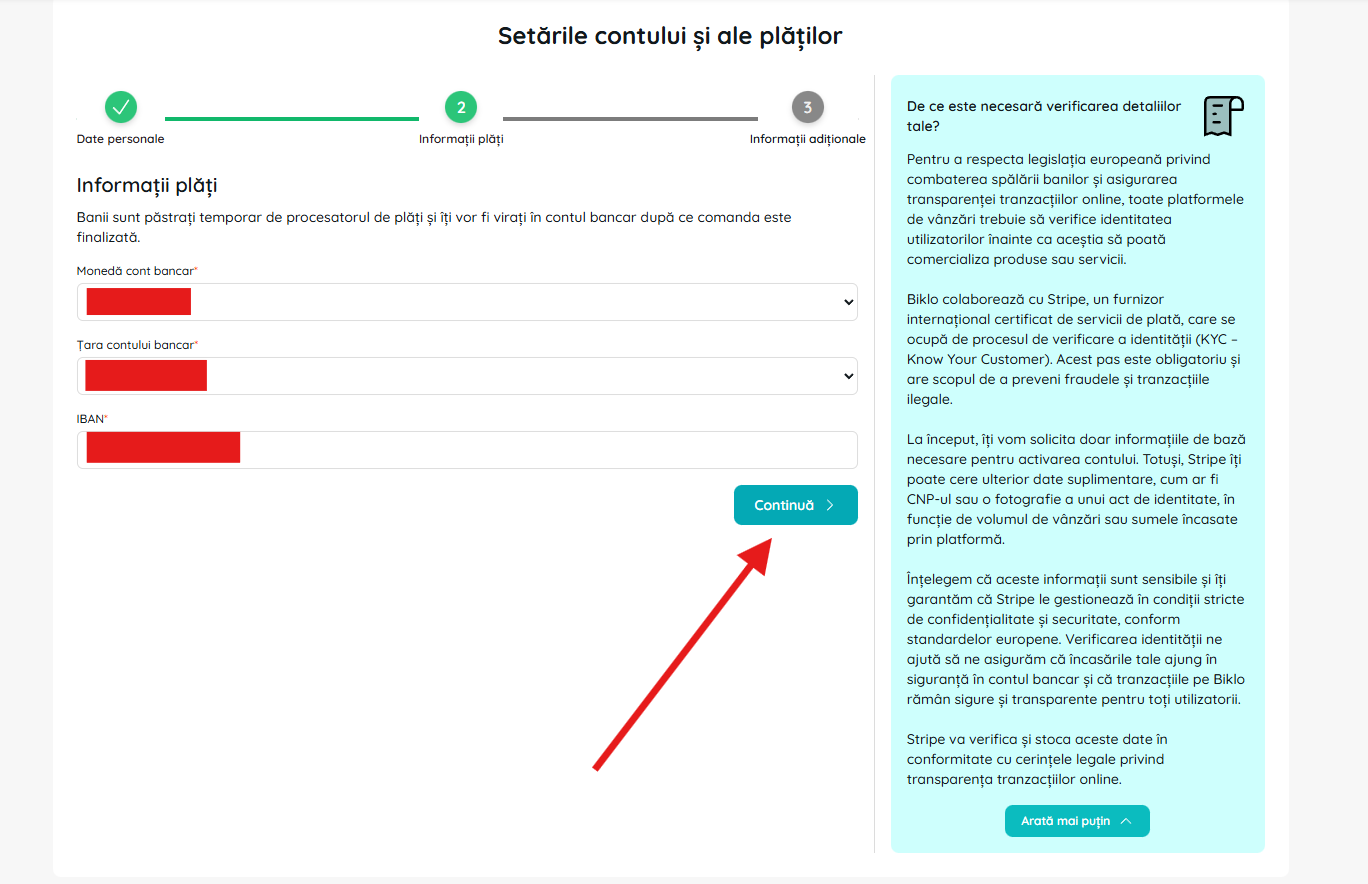 Bank details form in the Biklo financial account creation process