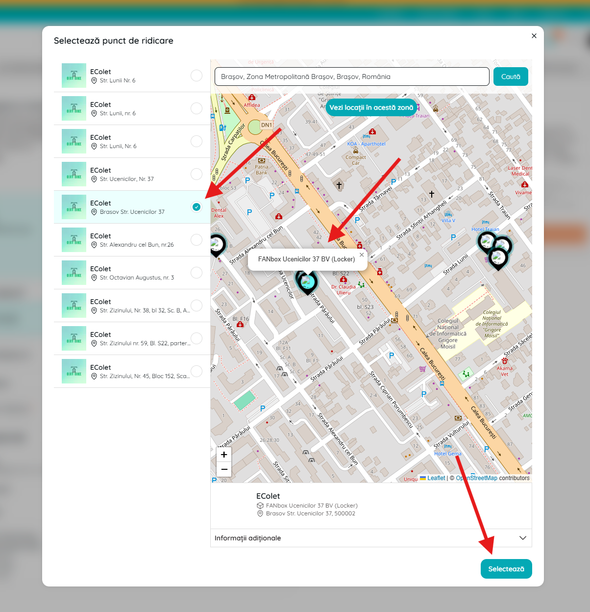 Selecting a locker on the map for Biklo parcel drop-off