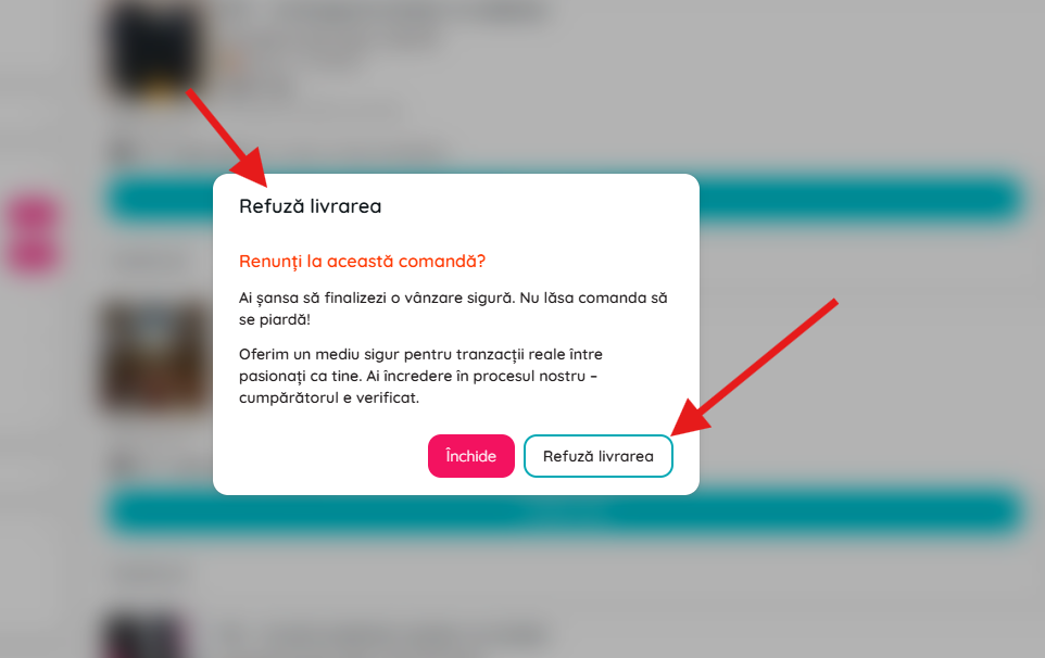Confirmation window for refusing an order on Biklo